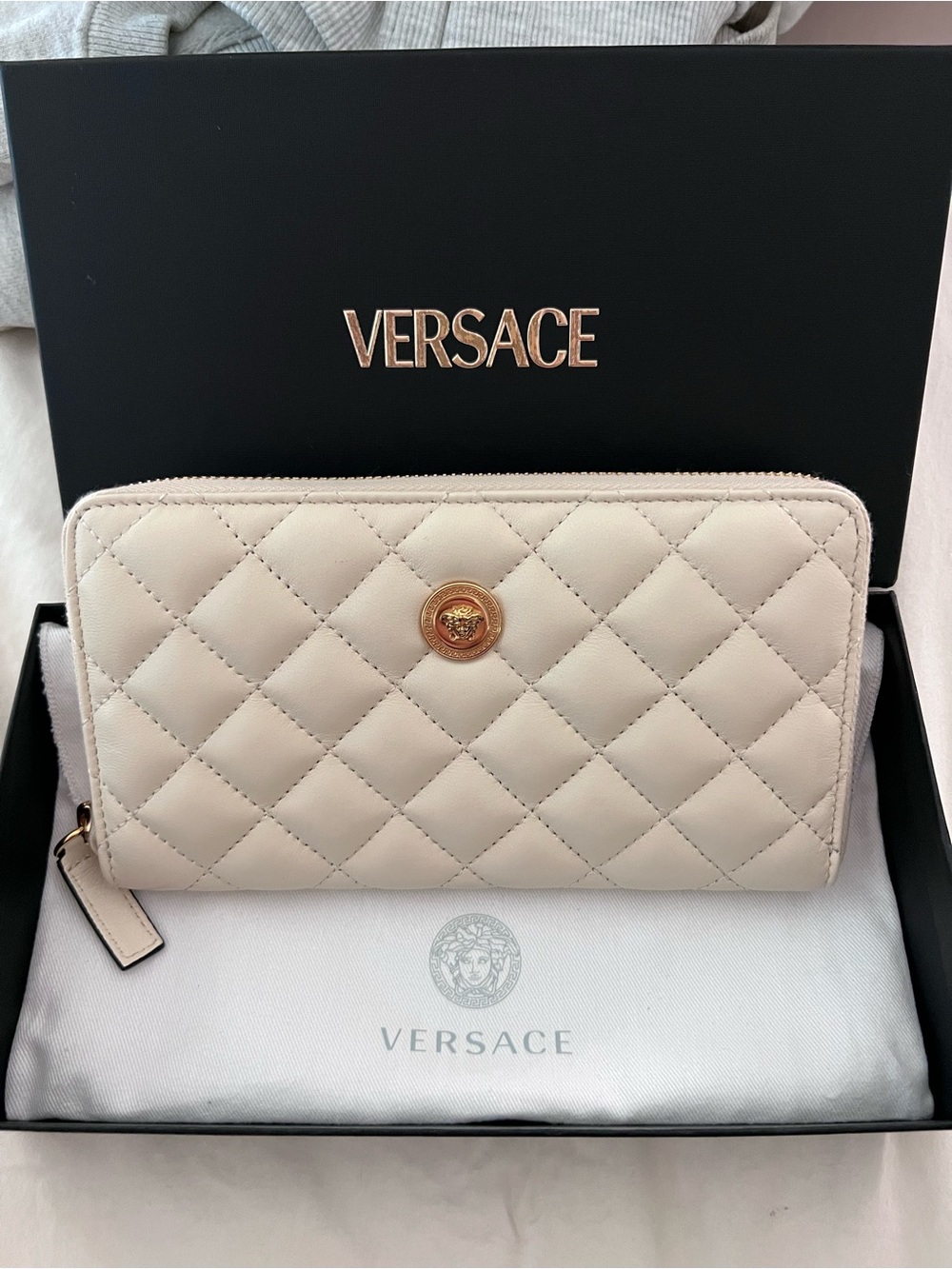Versace Quilted Lamb Cream Leather Zip Around Wallet with Gold Medusa Emblem